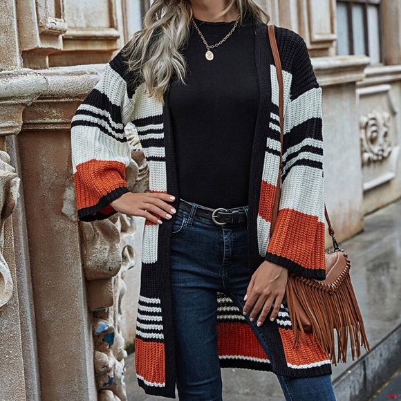 Sweaters - color block stripes open front long knit cardigan